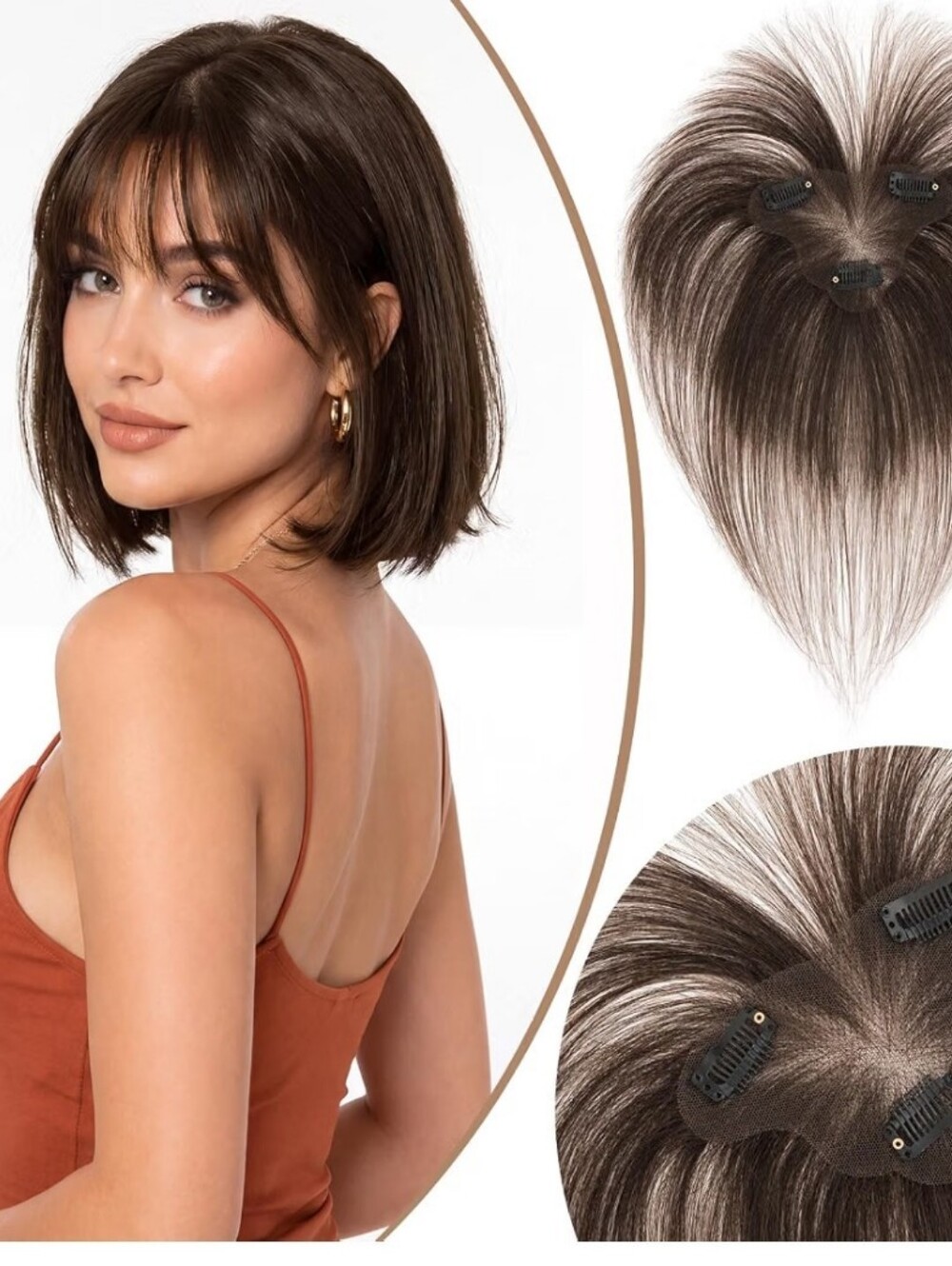Lightweight Human Hair Topper 360°3D Clip In Air Bangs 10" Dark Mocha Brown